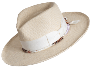Diamante Panama Hat in Natural Toquilla Straw with Wide Ribbon - Angle View | Superior Hats