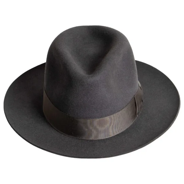 Front View: Classic Trilby Hat showcasing the refined center dent crown and premium rabbit felt craftsmanship. Timeless elegance by Superior Hats.