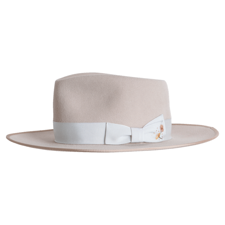 Side view of the Allure Fedora Hat highlighting the bound edge brim and understated elegance of the design. Superior Hats.