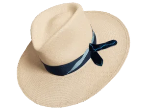 Aqua Panama Hat with Fluid Silhouette and Velvet Ribbon - Angle View | Superior Hats