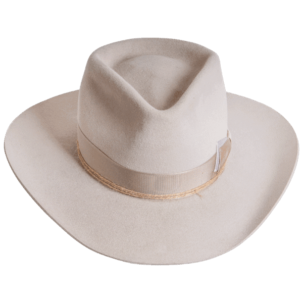 A versatile view of the Roamer Hat, emphasizing the 9 cm western-inspired brim and smooth artisanal design, ideal for transitioning effortlessly between city sophistication and countryside charm. Superior Hats.