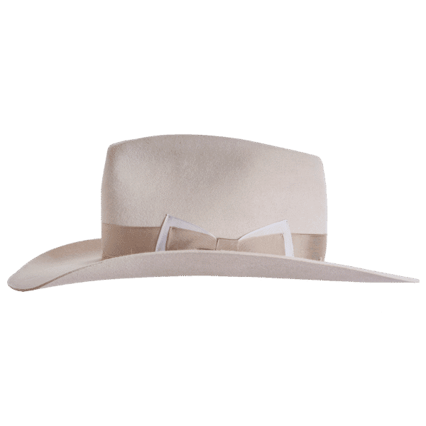 A detailed side profile of the Roamer Hat, highlighting the luxurious rabbit felt quality and timeless hybrid fedora style for a unique, urban-western statement. Superior Hats.