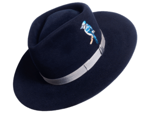Felt Hat Sapphire Feather in Navy Blue with Feather Embroidery - Angle View | Superior Hats