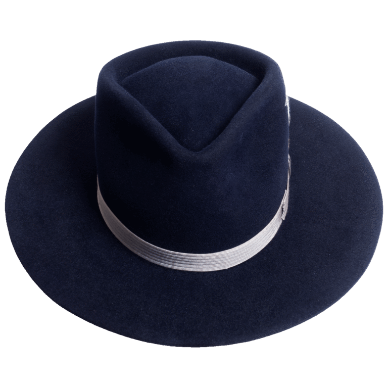 Felt Hat Sapphire Feather in Navy Blue with Blue Jay Embroidery - Front View | Superior Hats
