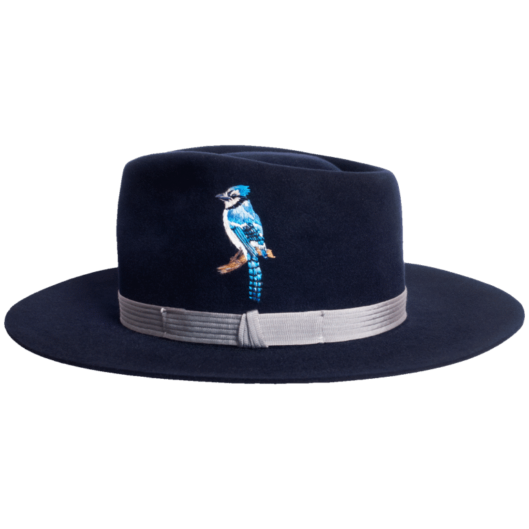Felt Hat Sapphire Feather in Navy Blue with Bird Embroidery - Side View | Superior Hats